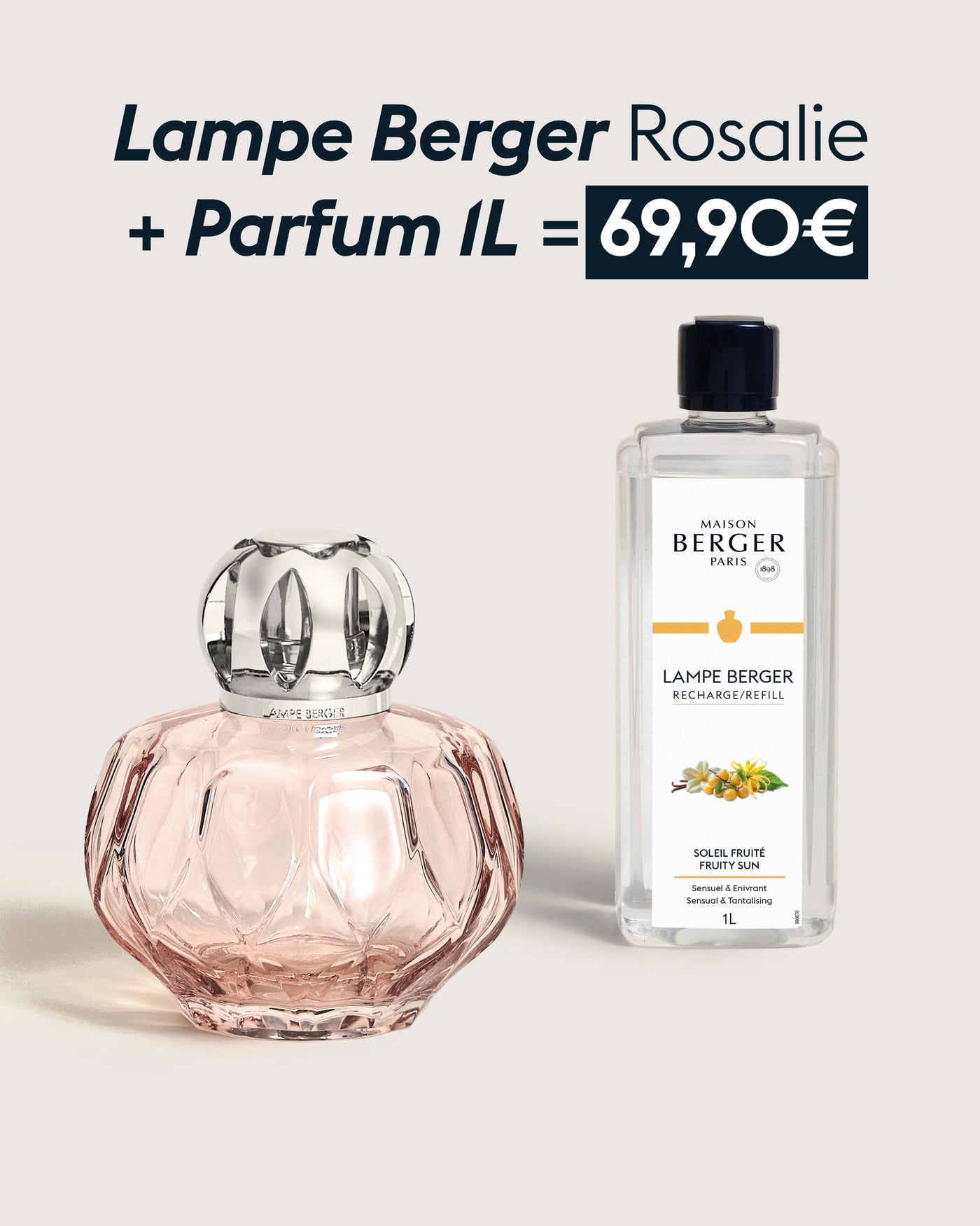 Lampe Berger Rosalie Rose + Recharge lampe Berger Soleil Fruité 1 litre