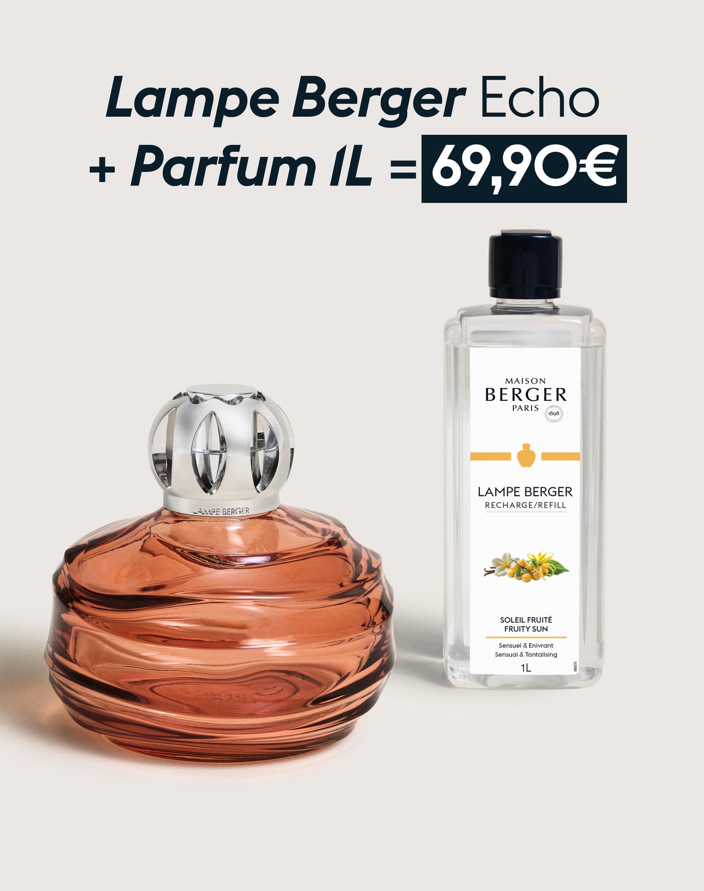Lampe Berger Echo Rose Ambré + Recharge lampe Berger Soleil Fruité 1 litre